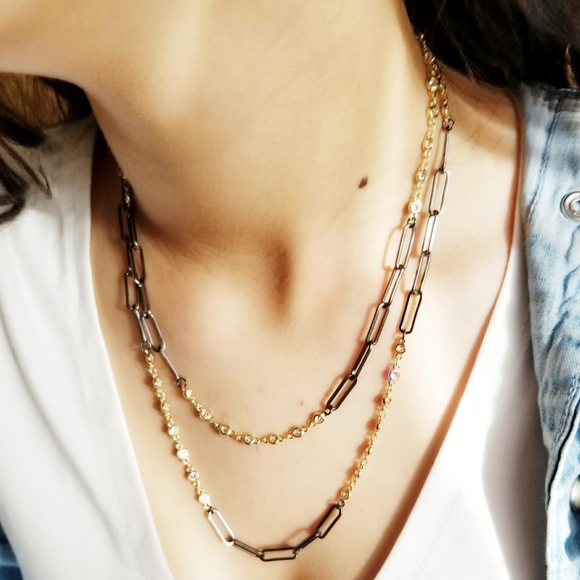 Jewelry - Two Tone Paperclip CZ Long Chain Necklace NEW